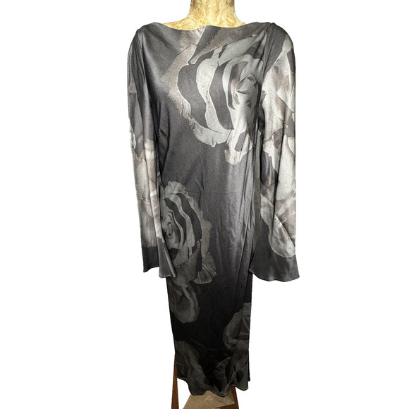 Mint Dress Womens Size 10 Large Gray Brown Rose Print Long Sleeve Maxi Back Tie - Picture 1 of 9
